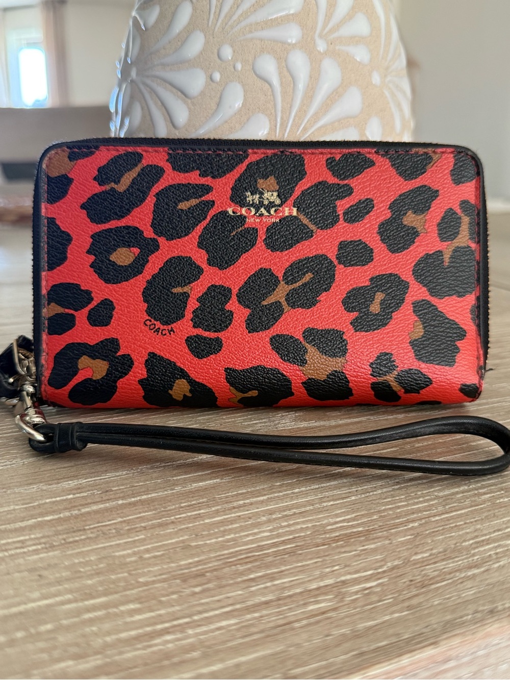 Coach Red Leopard Print Leather Wallet with Black Strap